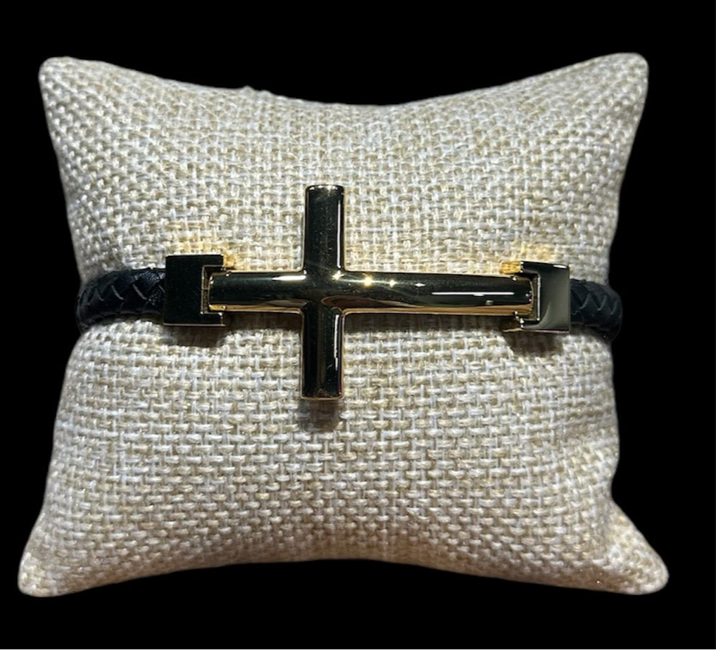 Pulsera Dorada Cuero Cruz
