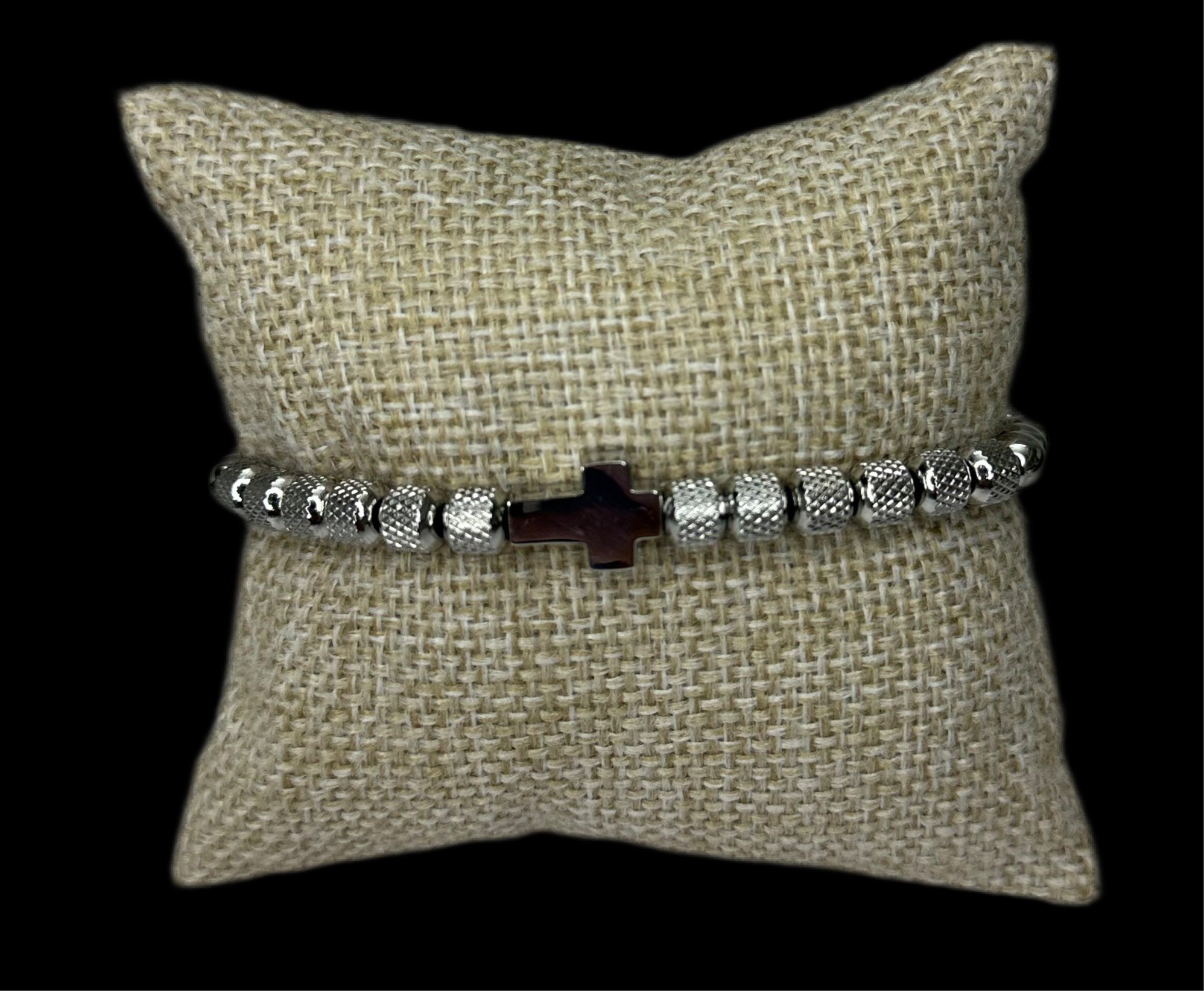 Pulsera Perlas Plata Cruz Acero Inoxidable