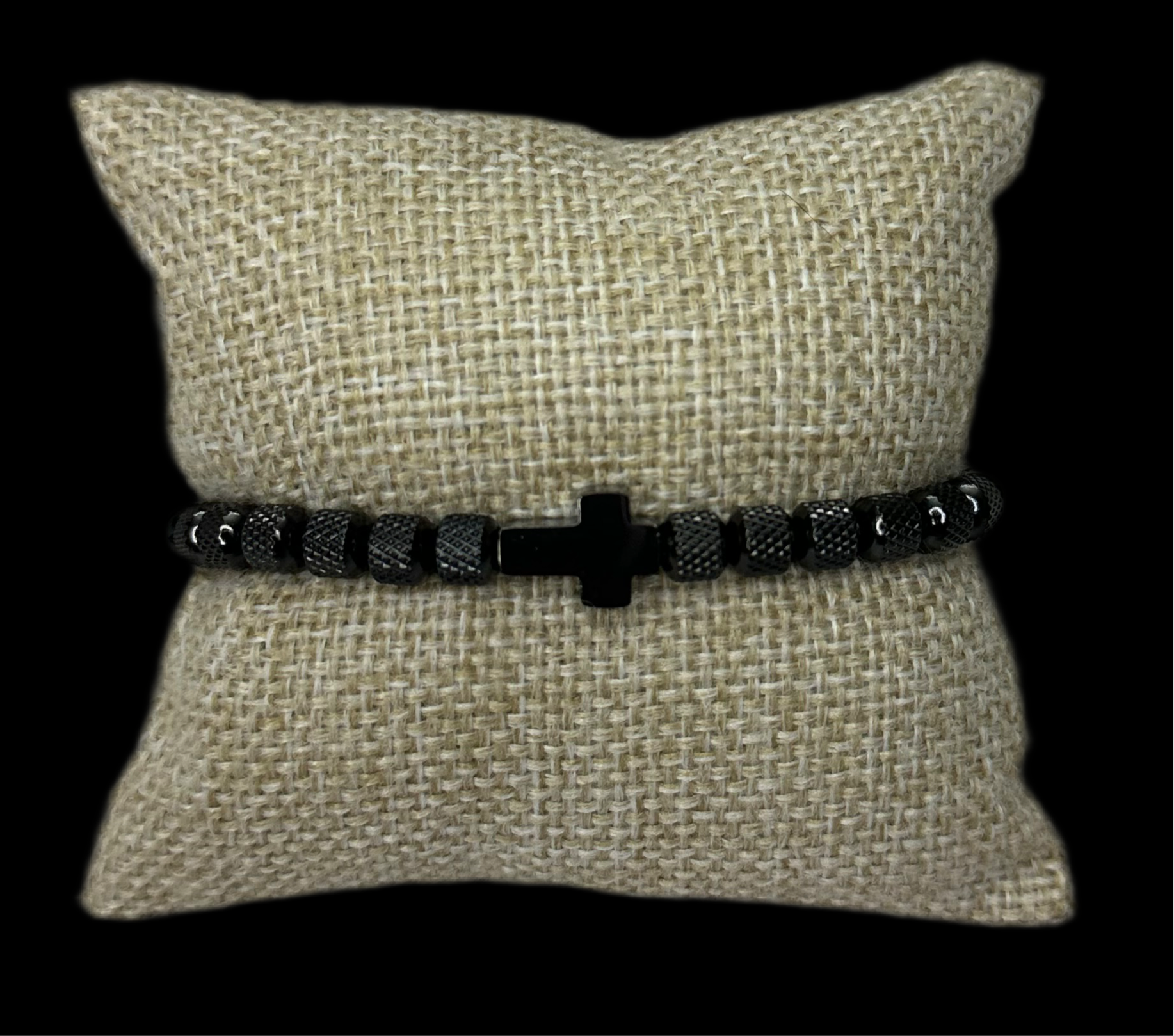 Pulsera Perlas Negra Cruz Acero Inoxidable