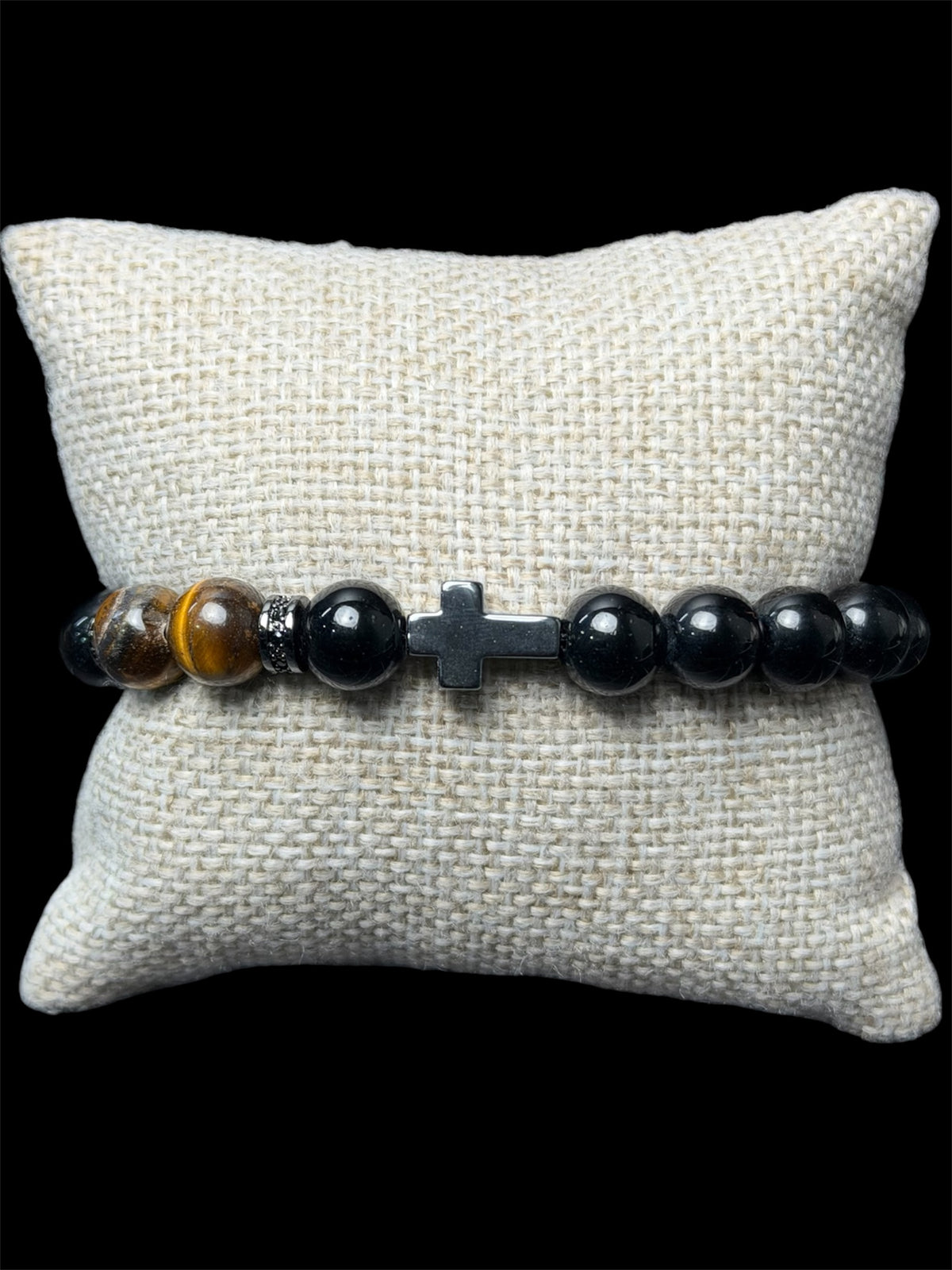 Pulsera Perlas Negra Cruz Acero