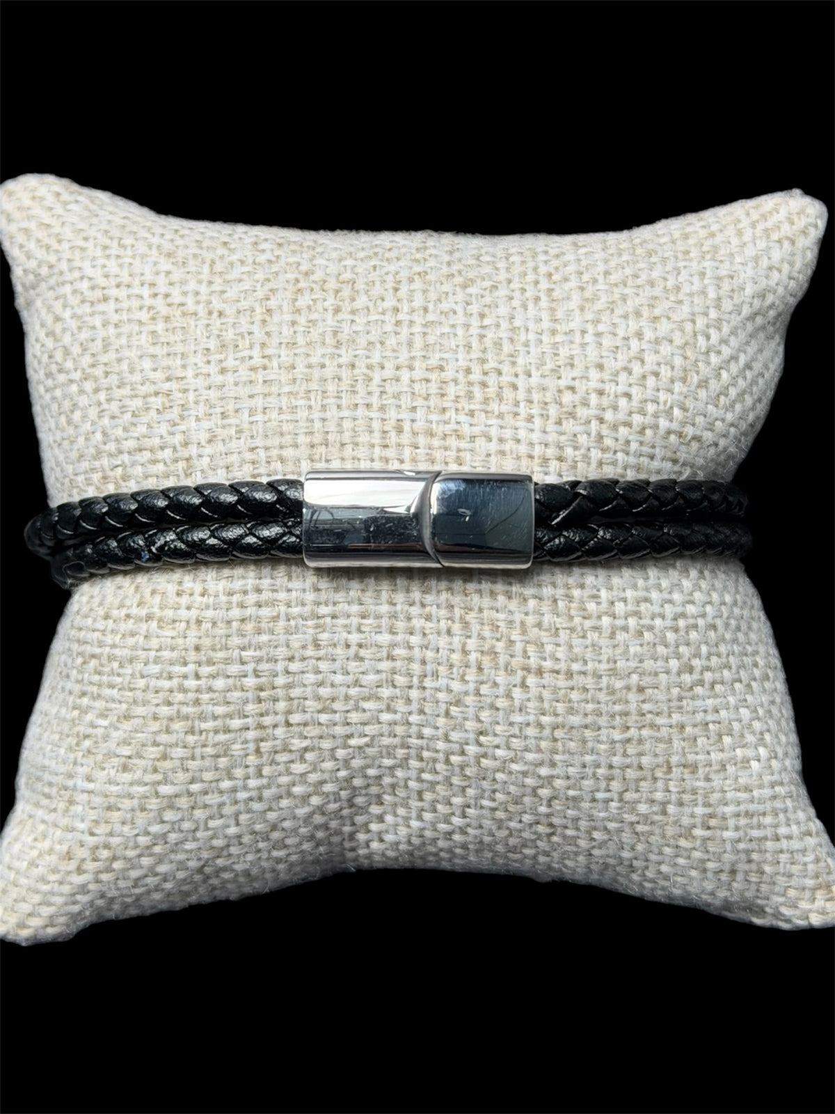 Pulsera Negra X Cuero Acero Inoxidable