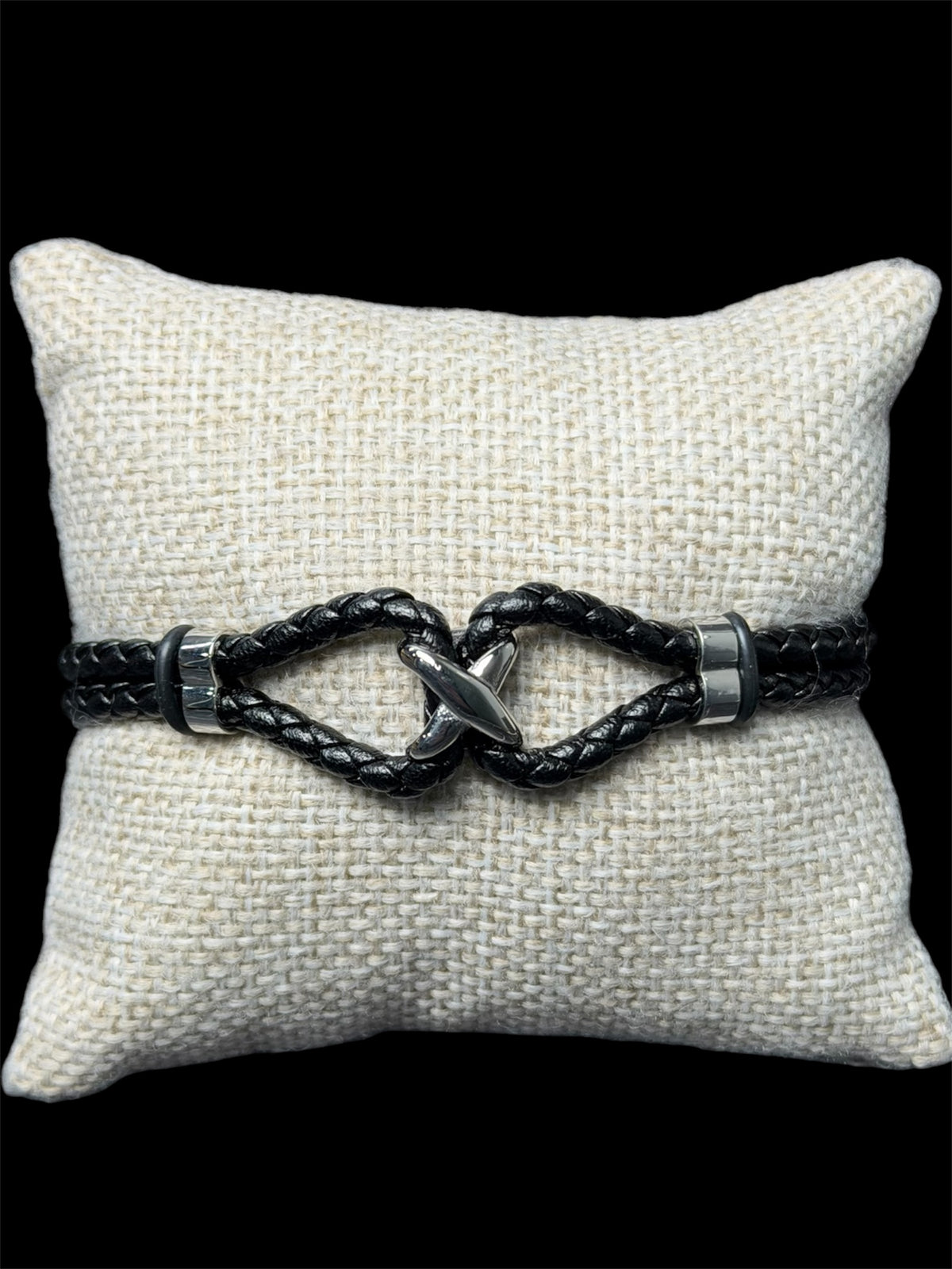 Pulsera Negra X Cuero Acero Inoxidable