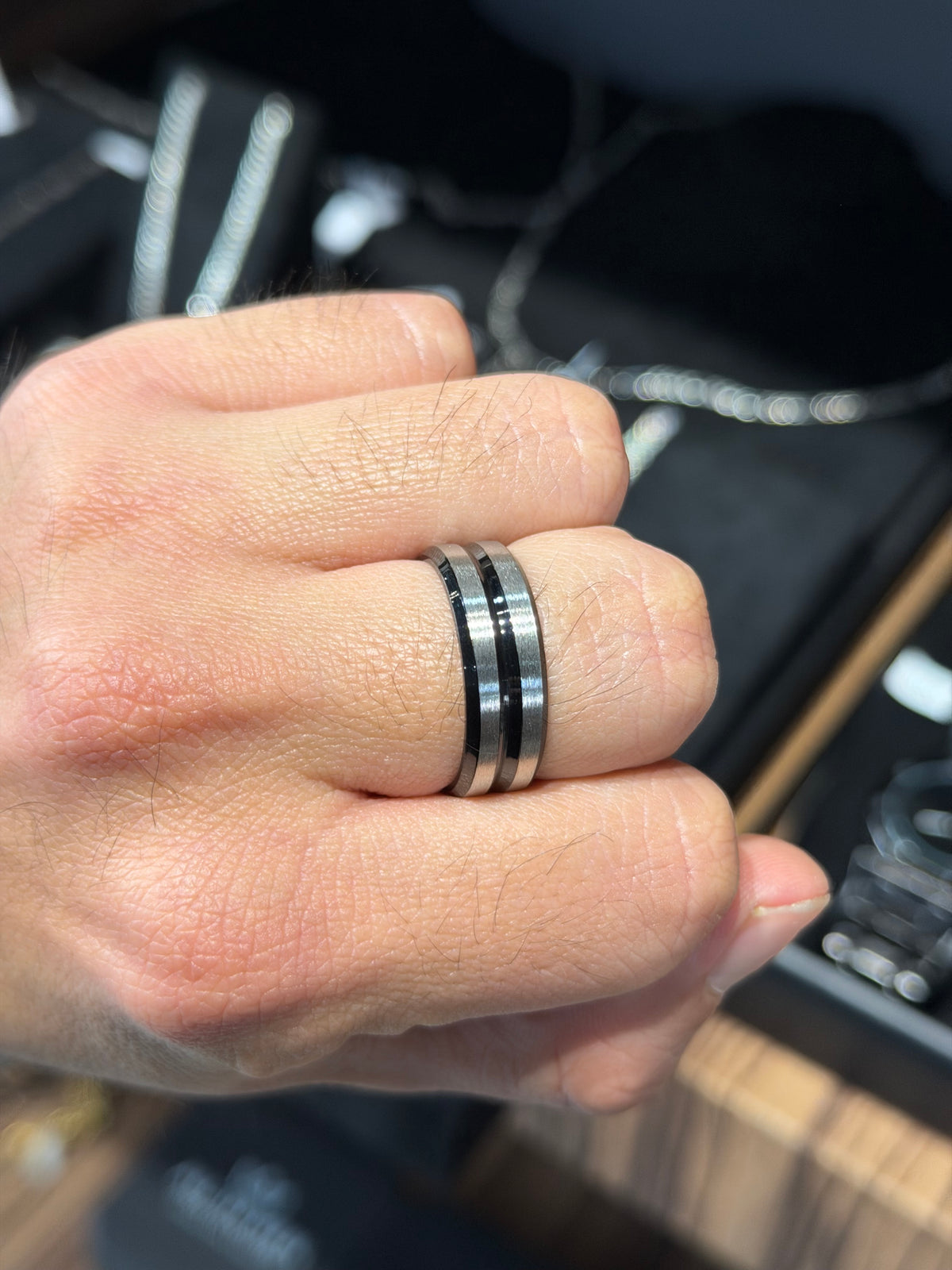 Anillo Negro Rayas Liso