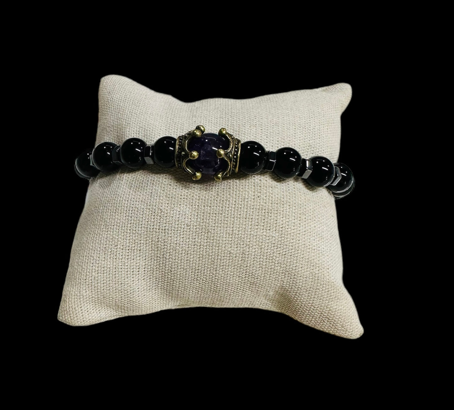 Pulsera Perlas Negras Corona Morada