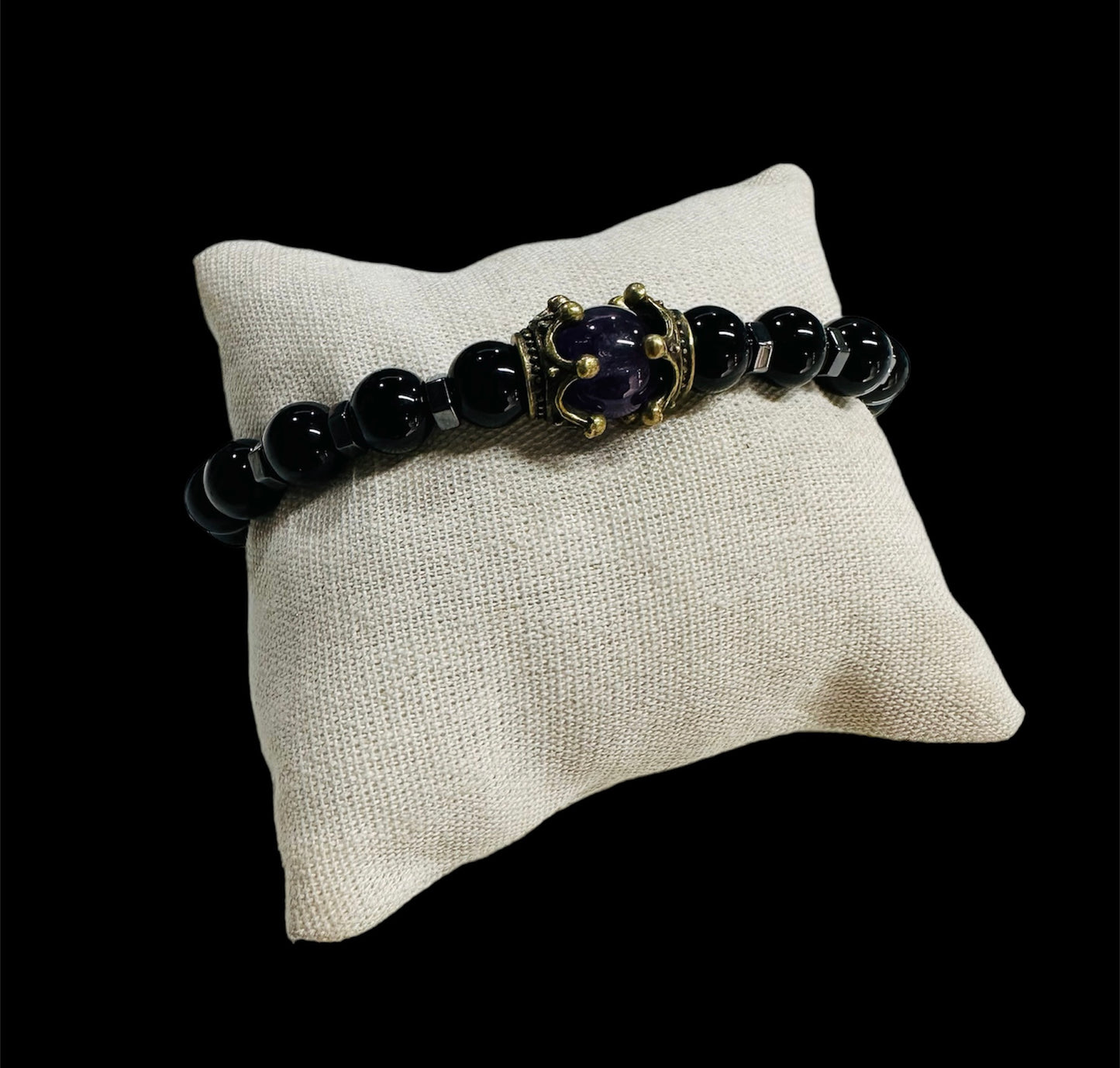 Pulsera Perlas Negras Corona Morada