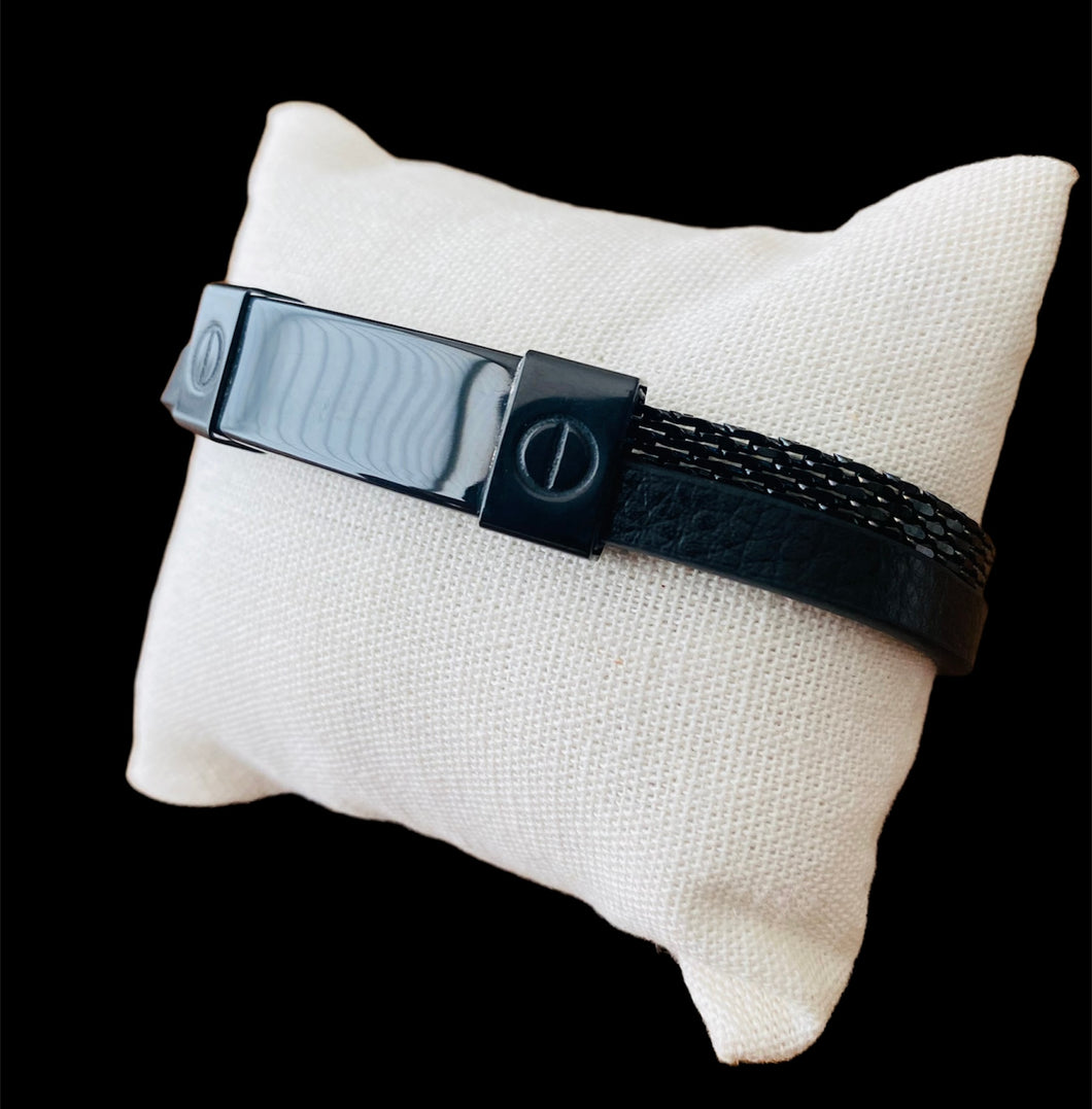 Pulsera Negra Doble Piel y Acero Inoxidable